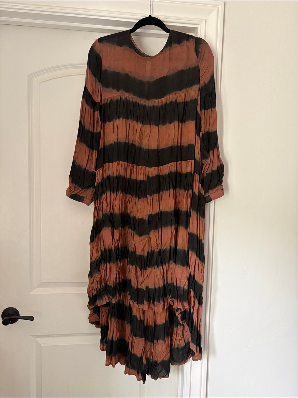 Norblack Norwhite Striped High-Low Maxi Dress in Rust and Black